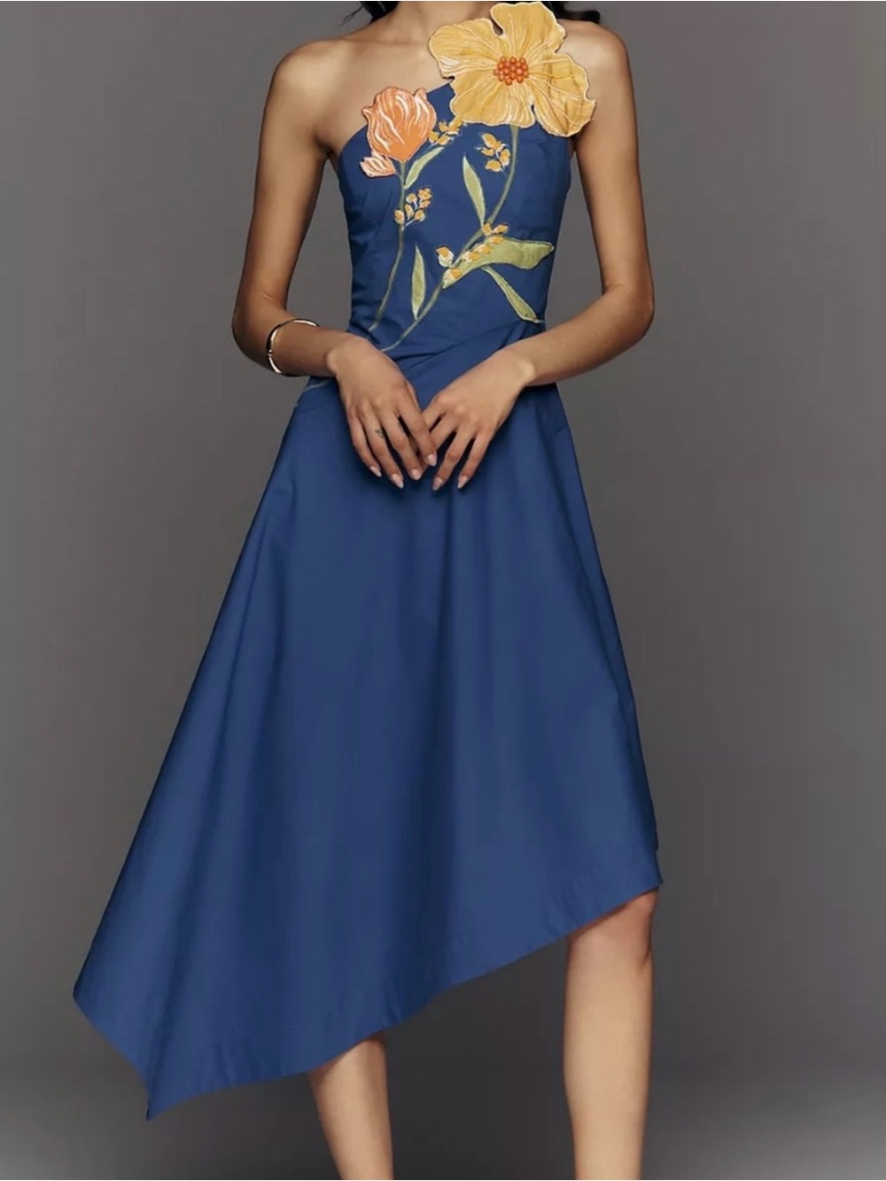 Anthropologie Blue One-Shoulder Dress with Yellow Floral Appliqué